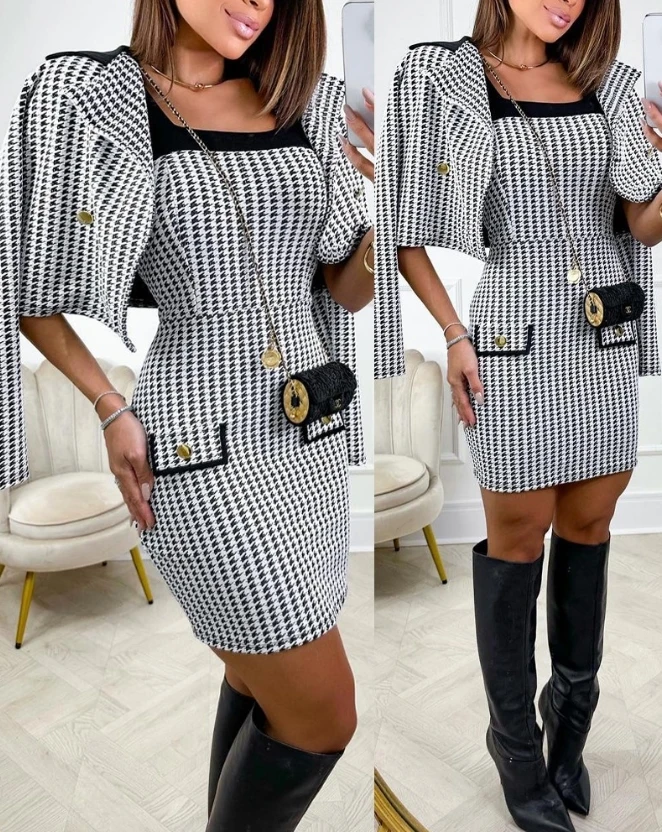 2023 Autumn Spring New Fashion Casual Houndstooth Print Colorblock Bodycon Dress & Blazer Coat Set Womens Two Piece Sets Outfit