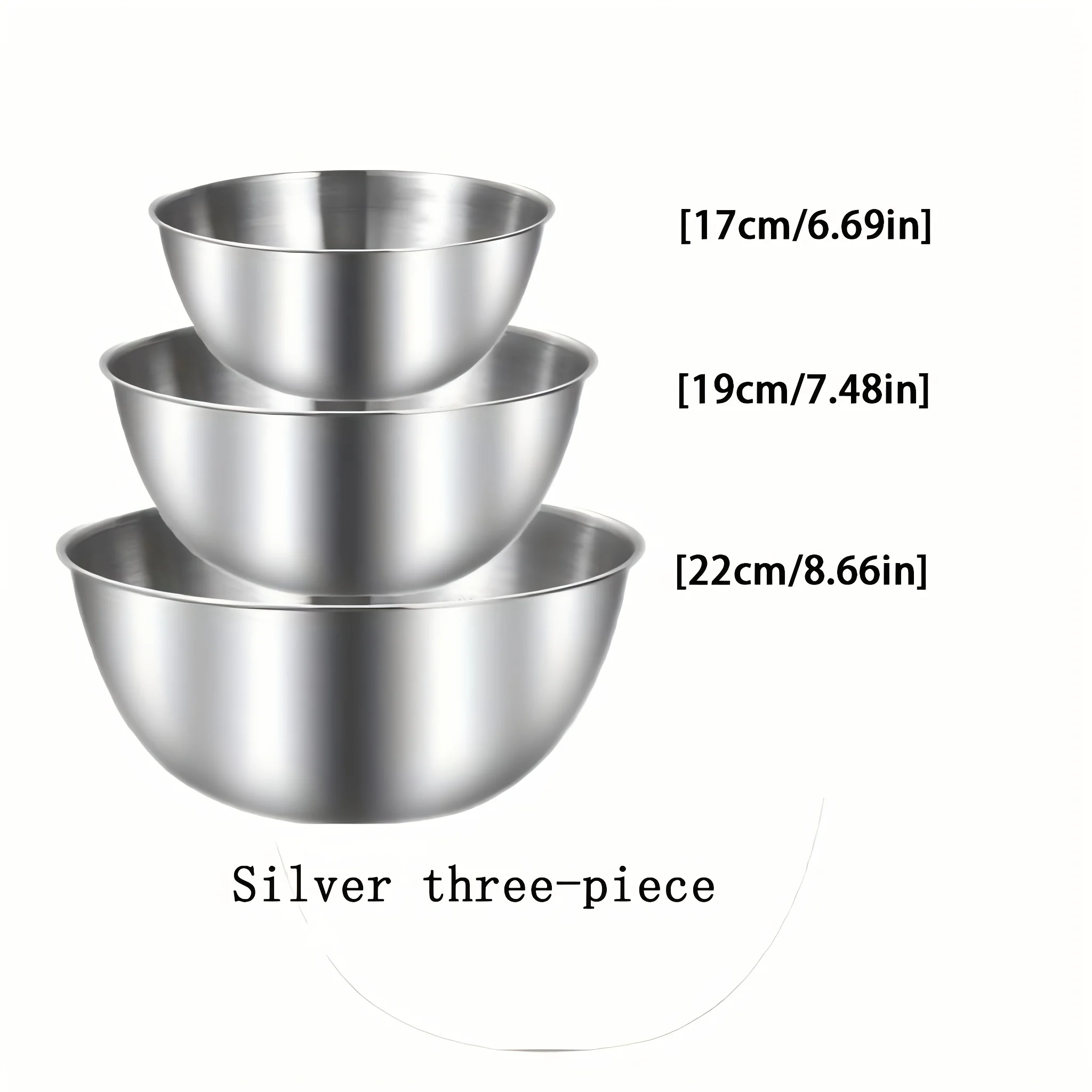 3Pcs A set of three stainless steel bowls for mixing, kneading dough, and serving salads, suitable for kitchen use. 6