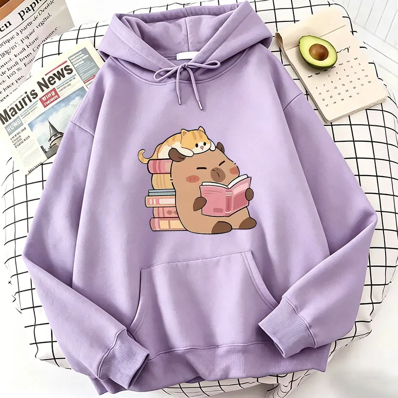 Cat and Capybara Reading Cozy Hoodie - Casual Harajuku Sweatshirt