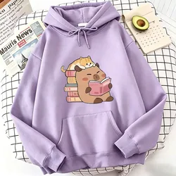 Cat and Capybara Reading Cozy Hoodie - Casual Harajuku Sweatshirt - Asian XL (Purple)