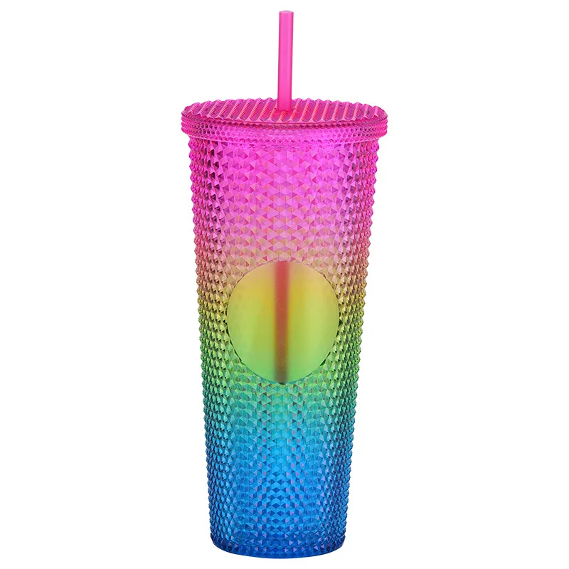 24Oz Matte Glow Inlaid Cup Plastic Coffee Cups With Straw Lids Double Wall Gradient Durian Cup Large Capacity Drinking Cup