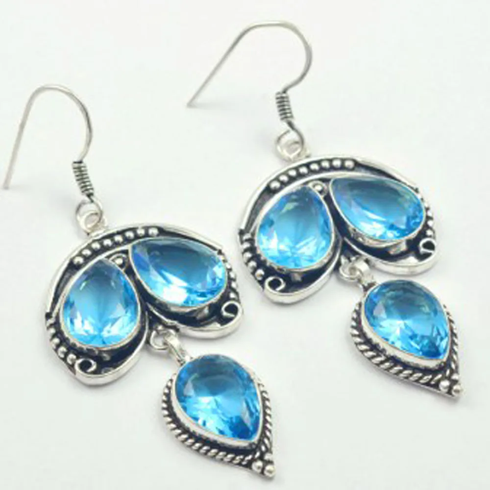 Orecchini Topas Blu Argento Sovrapposti Su Rame, Dimensioni Usa 70Mm , E3032