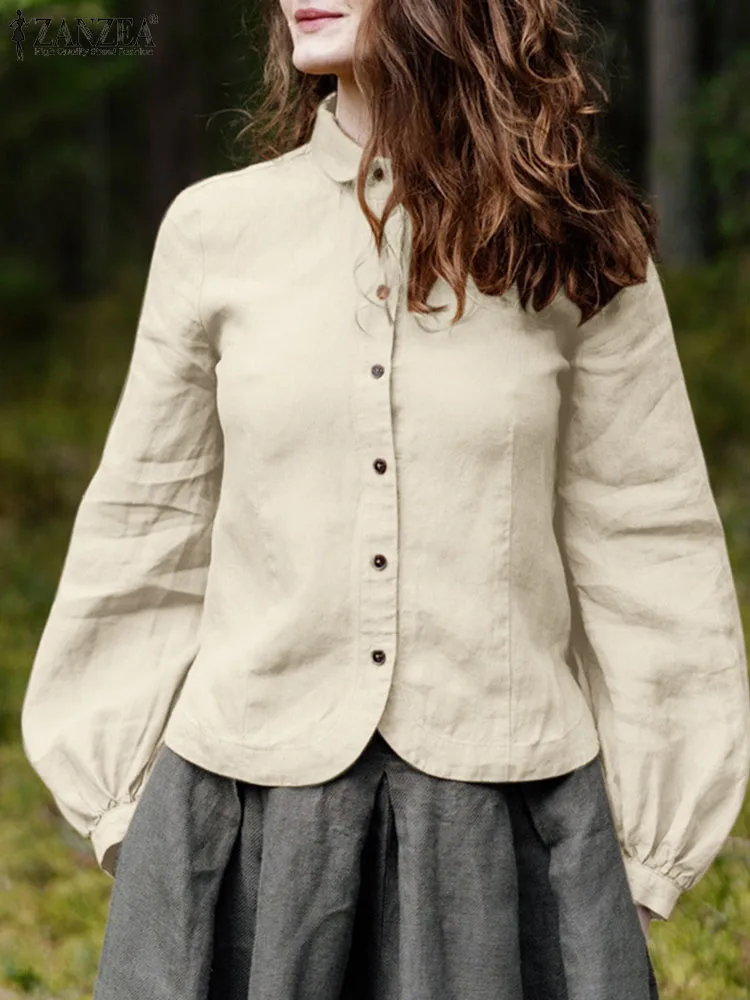 

Fashion Lapel Collar Blouse ZANZEA Women Cotton Shirts 2024 Spring Long Lantern Sleeve Tops Casual Loose Waisted Pleats Blusas
