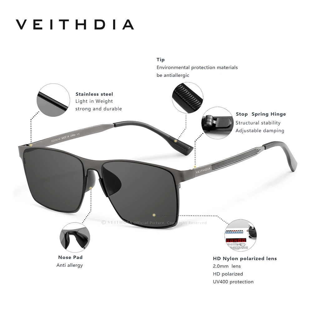 VEITHDIA Occhiali da sole da uomo Pesca polarizzati UV400 Lenti in nylon Occhiali da guida per esterni Occhiali da sole in acciaio inossidabile per uomo_voghion.com