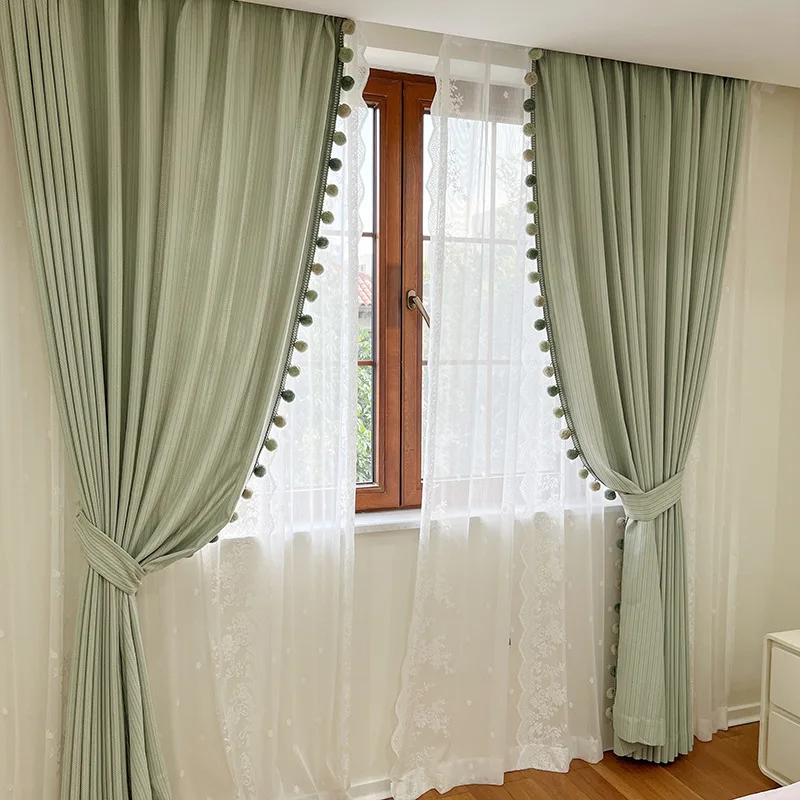 Wheat Grain Milk Green Curtain Big Hair Ball Lace Children's room Girls and boys Curtains for Living Dining room Bedroom