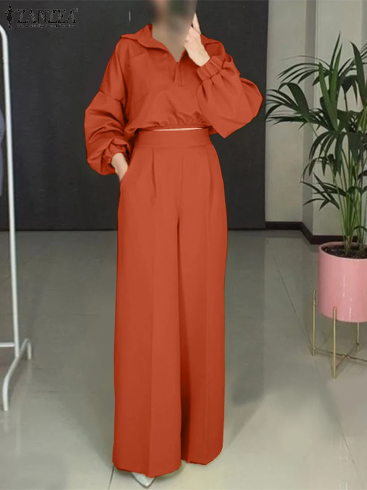 

Модные костюмы ZANZEA из 2 предметов с широкими штанинами, элегантные офисные подходящие комплекты, спортивные костюмы, женская блузка с отворотом и длинным рукавом, брюки, комплекты