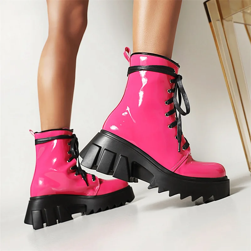 YMECHIC Yellow Lace-up Patent Leather Combat Boots for Women Thick Bottom Platform Wedge Heels Shoes Ladies Autumn Winter 2022