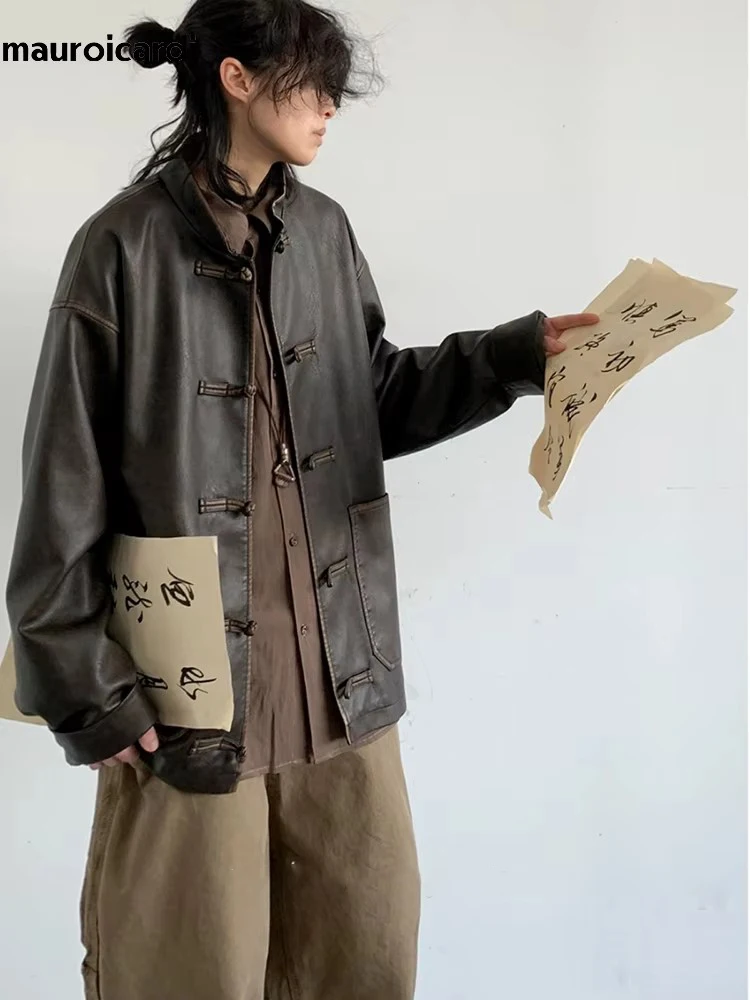 Mauroicardi Spring Cool Oversized Vintage Distressed Pu Leather Jacket Men Elegant Luxury Designer Chinese Style Clothes
