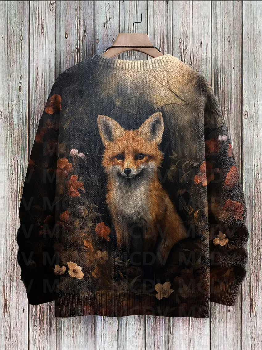 Cute Fox View Art Pattern Print Casual Knit Pullover Sweater Women For Men Sweater