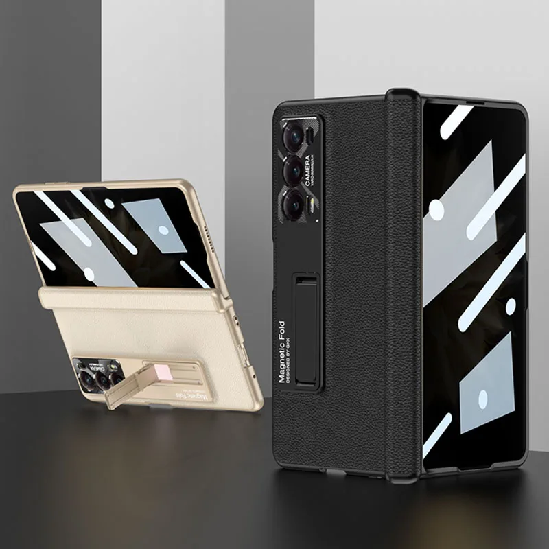 Magnetic Hinge Plain Leather Case for Honor Magic V2 Case Outer Anti-peek Glass