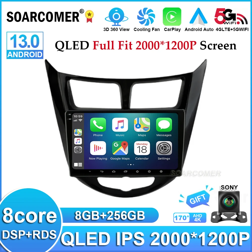 

QLED Android 13 Black Car Radio For Hyundai Solaris 1 2010-2016 Navigation GPS 4G WIFI BT Stereo Multimedia Video Player RDS DSP