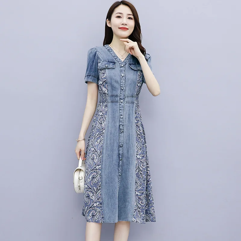 

Floral Denim Dress Simple Generous Women's Clothing Summer Single-breasted Patchwork Chiffon Shirt Dress Korean Fashion Dress