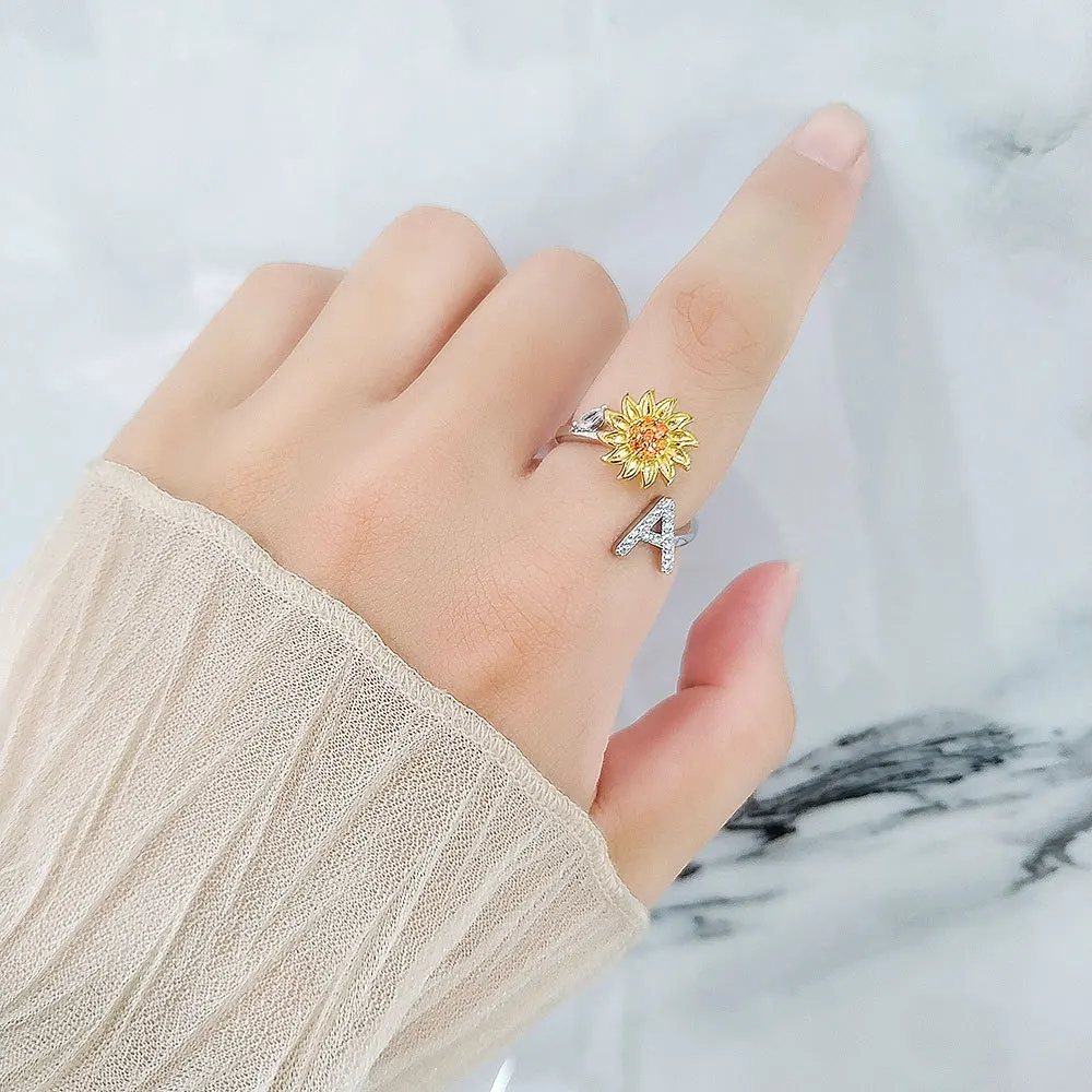 Rotating Sunflower Initial Letter Rings For Women Anti Anxiety Spinner You Are My Sunshine Stainless Steel Ring Birthday Jewelry Stainless Steel Ring Finger Ring Fidget Spinner Ring