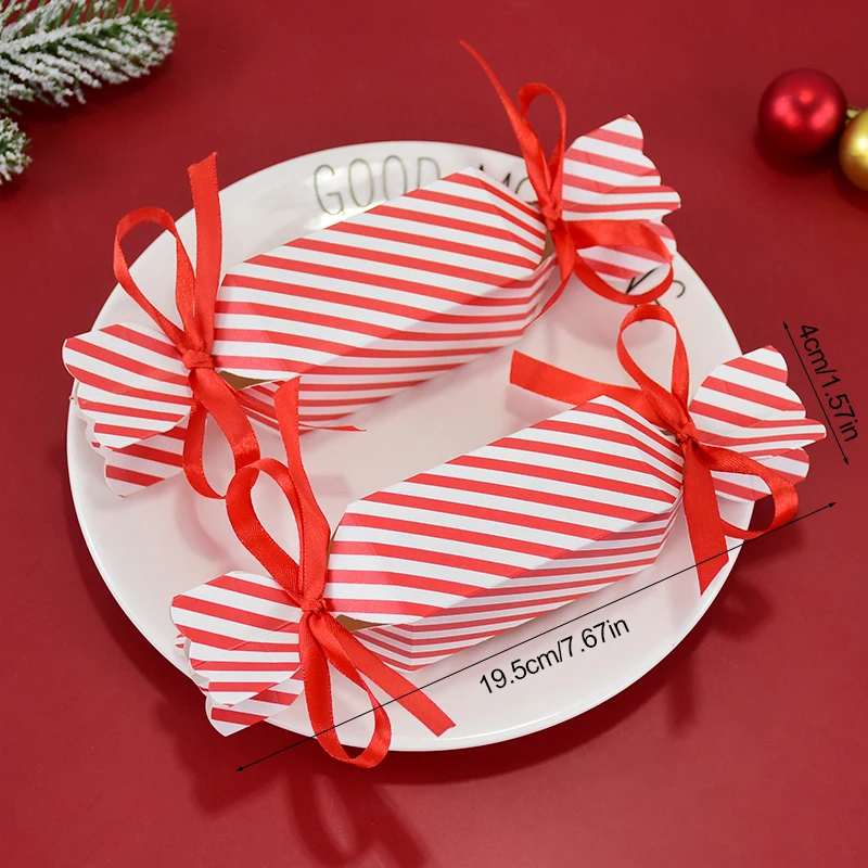 10/50pcs Christmas Red Candy Box with Ribbons Chocolate Cookies Packaging Bag DIY Xmas Tree Ornaments Decoration Wedding Party