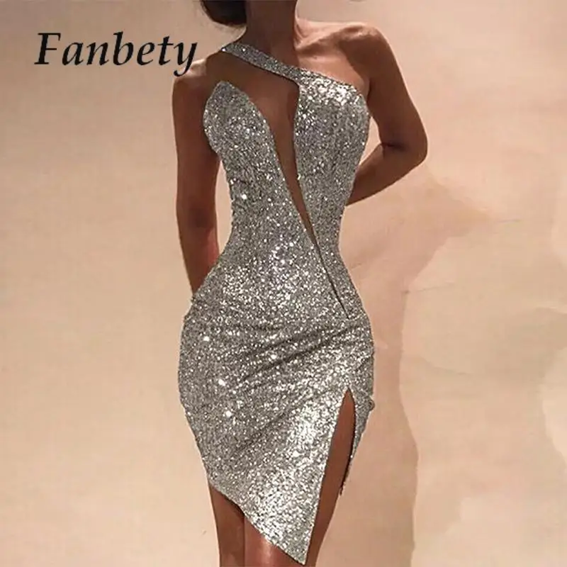 

Banquet Asymmetric One Shoulder Dresses Sexy Lady Slim Split Sequins Party Dress 2024 Women Sleeveless Solid Mini Dress 2024