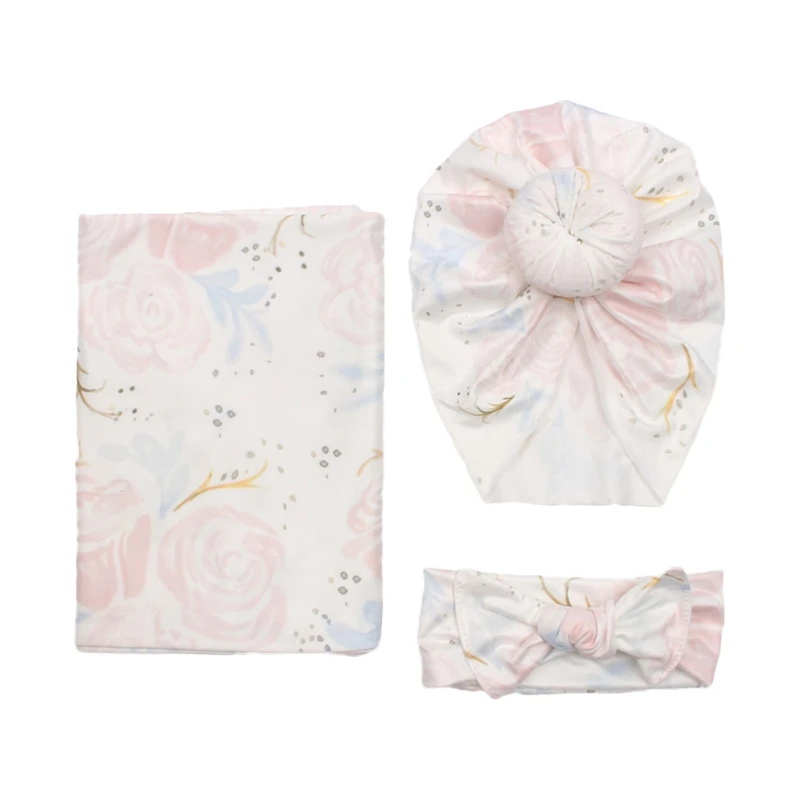 

3pcs Newborn Baby Floral Print Swaddle Blanket Knotted Beanie Hat Bow Headband