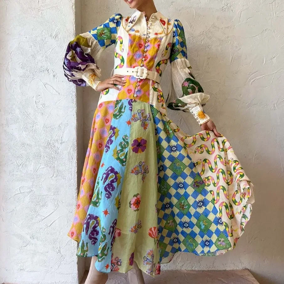 

2024 Fashion Personalized Graffiti Lantern Sleeves Long Irregular Dress for Women Vestidos De Noche Juveniles Streetwear