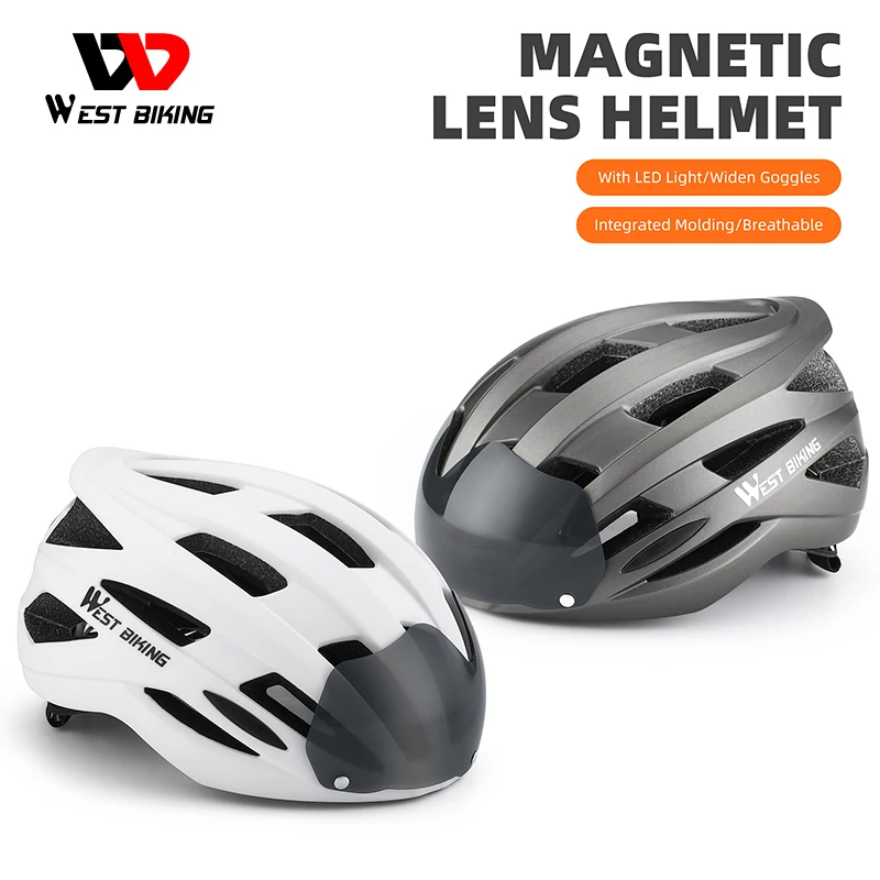 

WEST BIKING Men Cycling Helmet With Taillight Goggles Road Mountain Bike Helmet Removable Lens Visored Bicycle Scooter Helmet
