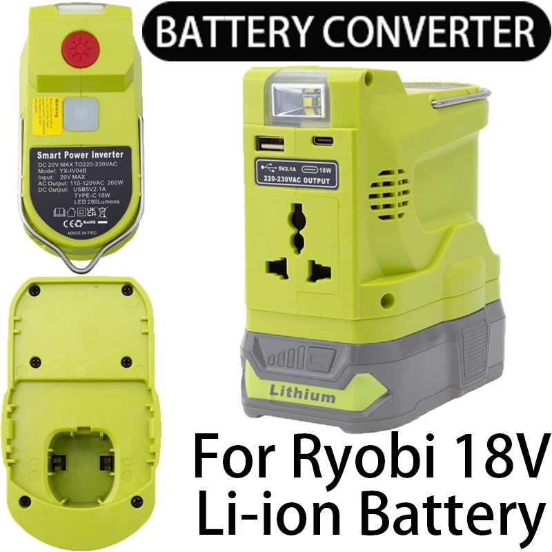 Battery inverter for Ryobi 18V Li-ion battery inverter with LED light and USB and Type-C output interface power tool accessories nvarcher usb b digital interface to aes output 48khz 196khz for win8 xp 7 10 mac linux