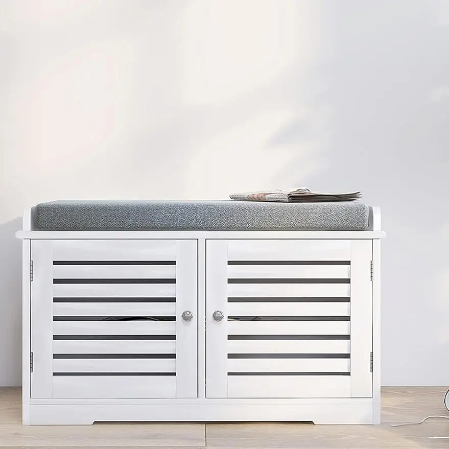 

RASOO Shoe Storage Benches White Shoe Rack Bench with 2 Doors & Padded Seat Cushion in Grey Cabinet Entryway Bench