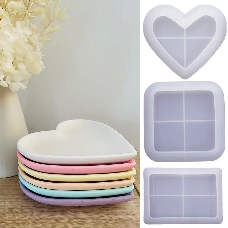 Heart Shape Tray Silicone Molds DIY Concrete Cement Plaster Epoxy Resin Geometric Storage Dish Plate Mould Home Handicraft Decor