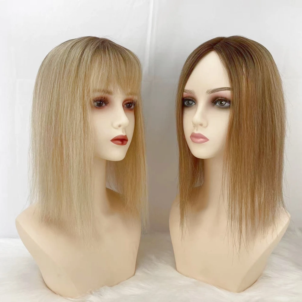 Brown Blonde Ombre Remy Human Hair Women Topper With Fringe #4/60 Two Tone Fine Hair Pieces Overlay Air Bangs 14inch 4X5.5inch
