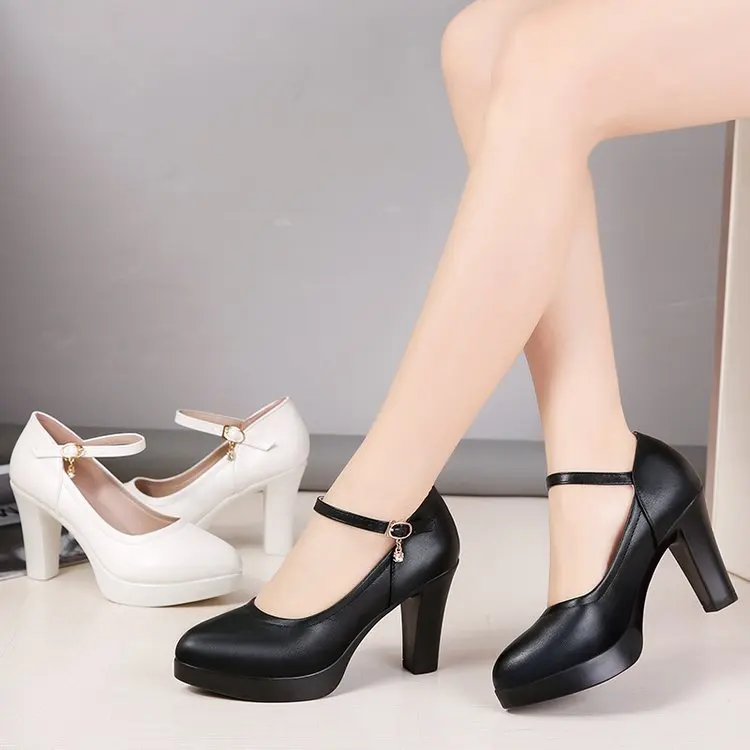High Heels Platform Pumps Women Spring New Fashion Buckle Solid Black Shoes Woman PU Leather Waterproof Shoes Femme Black