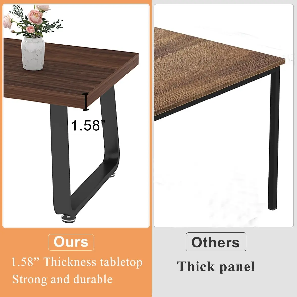 Rustic Walnut Coffee Table, Modern Center Table, Rectangle Industrial Living Room Coffee Table, Simple Farmhouse , Walnut, 47 in