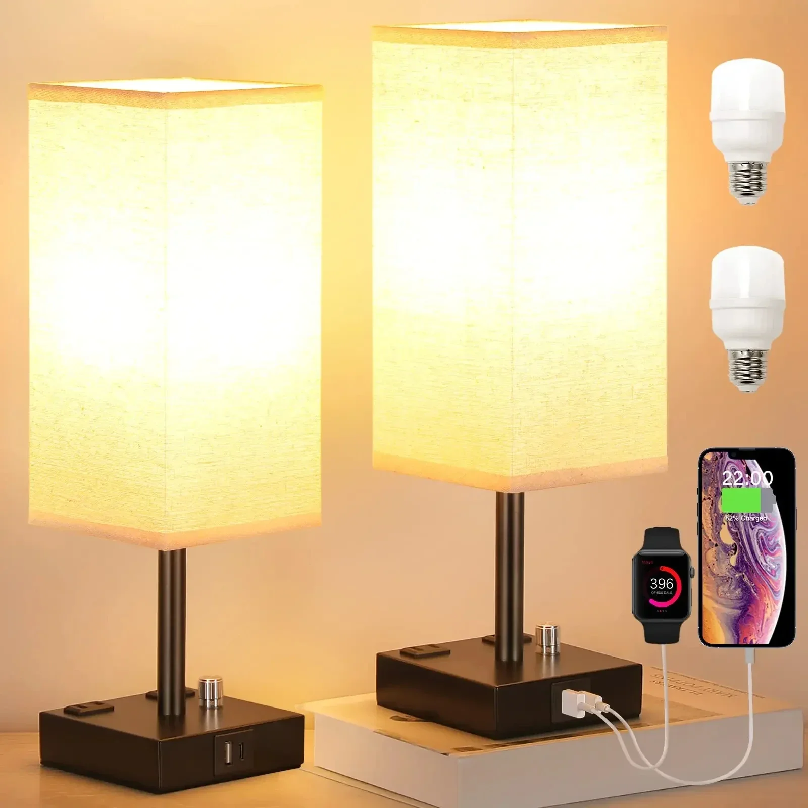 Led Desk Lamp Small Bedside Lamps with USB C+A Charge Eye Protection Reading Light Fabric Shade Rechargeable Lamp Light Fixture