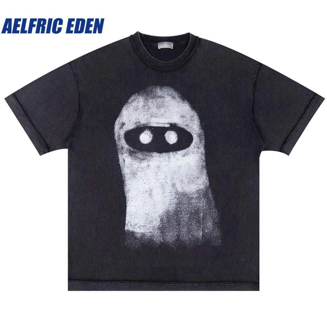 

Aelfric Eden Ghost Graphic Print Washed Tshirt Vintage Punk T Shirt Streetwear Hip Hop 2023 Men Harajuku Cotton Loose Tee Tops