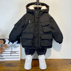 Children's Black Hooded Winter Down Jacket - Cozy Padded Coat - 130  5-6T (Black)