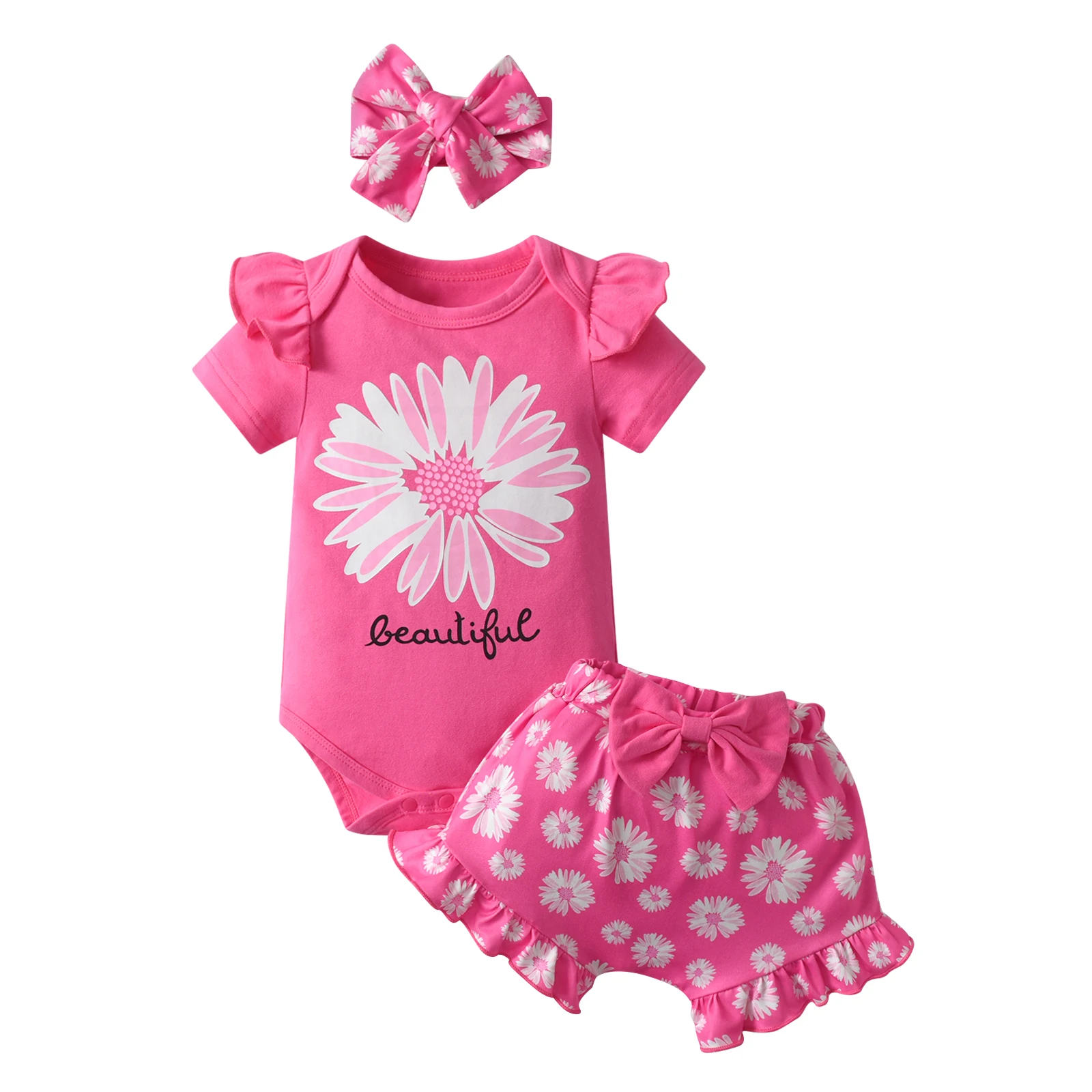 Summer Arrival Baby Girls Short Sleeves Solid Color Flowers Embroidered Bodysuit
