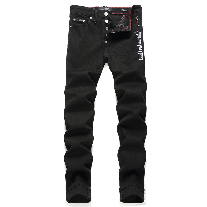

Black Jeans Men Slim Fit Embroidered Denim Pants Elastic Skinny Jeans Punk Style Streetwear Hip Hop Stretch Long Trousers