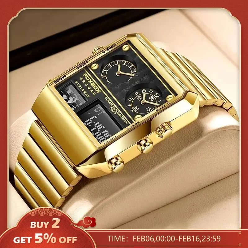 FOXBOX New Creative Square Watch Men Top Brand Luxury Digital Watch Fashion Dual Display Watches For