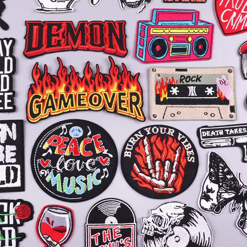 RockMusicEmbroideryPatchPunkFlameTapePatchIronOnPatchesFor