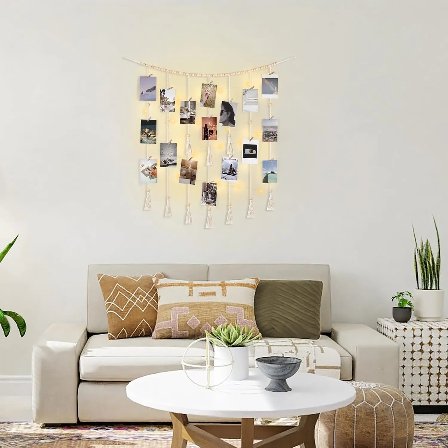 Porte-photos Mural Macramé Avec Bâton En Hêtre Et Clips Bois - Style Bohème, Tissé Main, Coton, 10 Clips