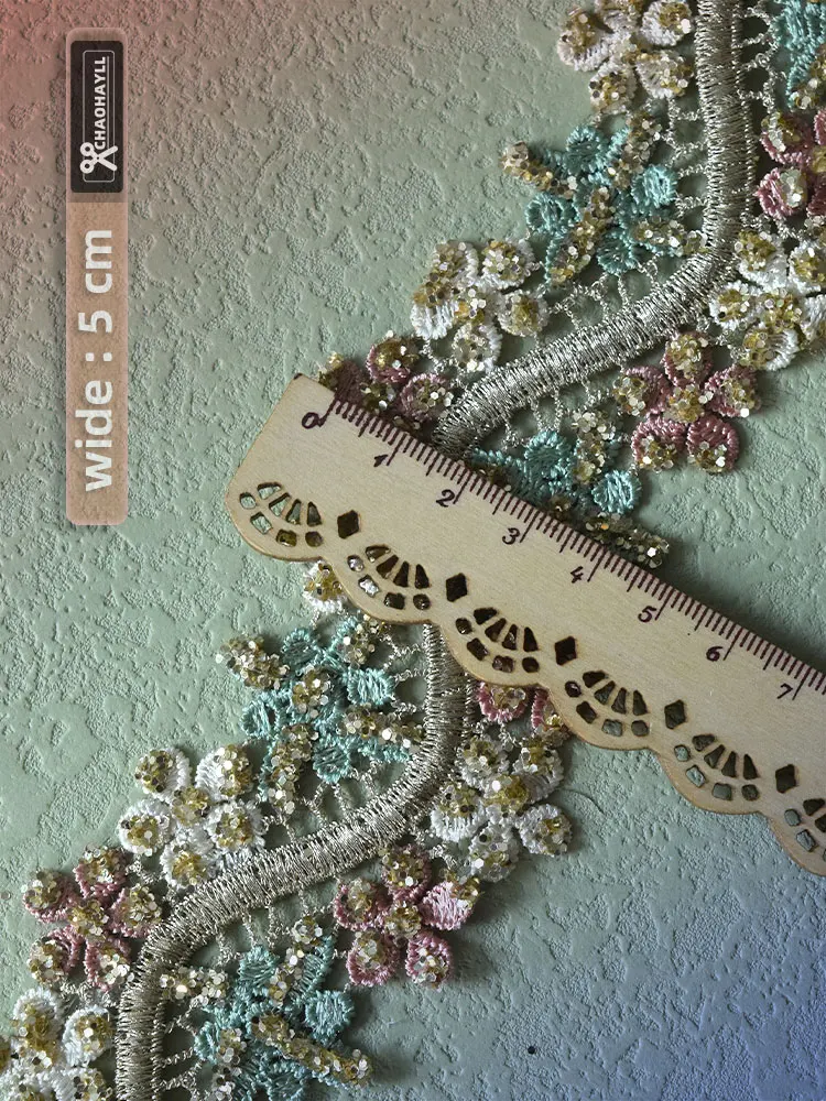 Teal Pink Floral Beaded Sequin Trim - Shine Trim