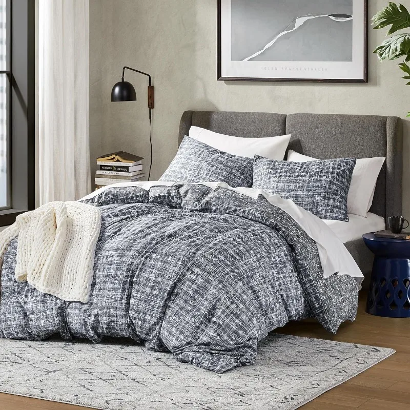 Duvet Cover King Size for Men, Blue Modern Denim Aesthetic Printed Comforter Cover, Masculine Plaid Lines Pattern Navy Duvet