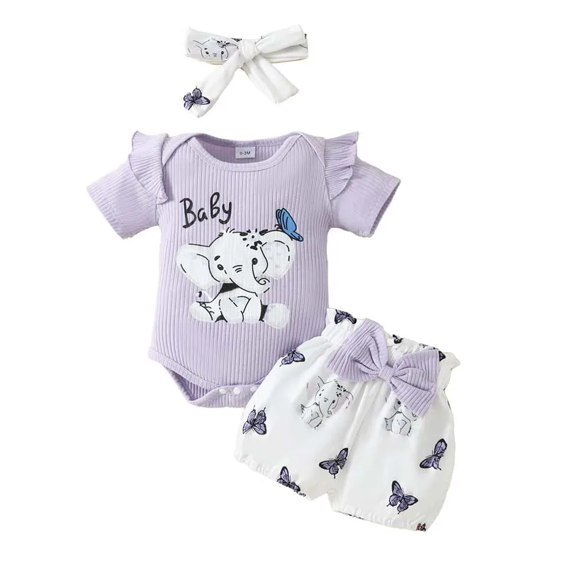 

0-18Months Summer Baby Girl 3Pcs Set Clothes Elephant Print Short Sleeve Jumpsuit Elastic Waist Pants with Hairband Baby Outfits
