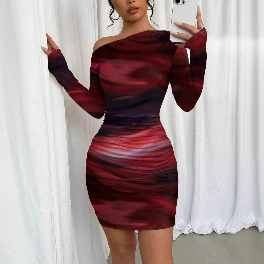 Women Clothing Spring Summer Sexy Socialite Diagonal Collar Dress off the Shoulder Hip Bag Slim Fit