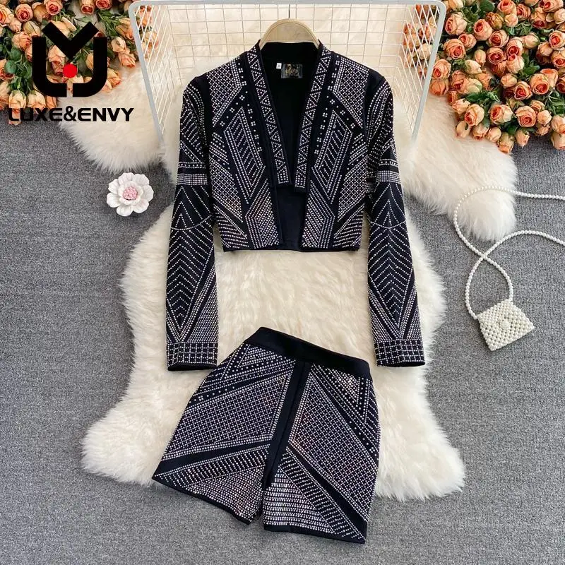 

LUXE&ENVY Temperament Hot Diamond Suit Coat Foreign Style Short Coat Two-piece Suit High Waist Wide Leg Shorts 2023 Autumn