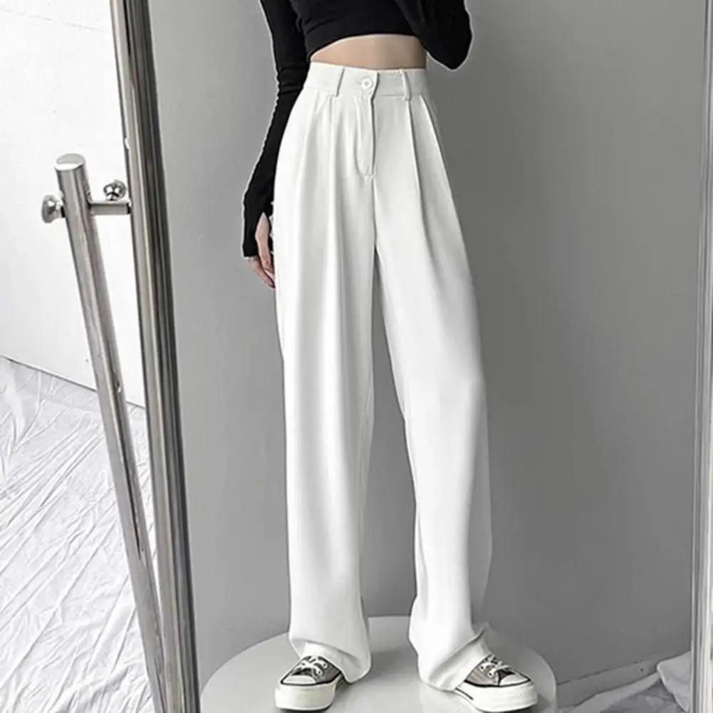 

Casual Suit Pants Elegant Women's Solid Color Suit Pants Elastic High Waist Straight Wide Leg Slant Pockets for Office or Casual