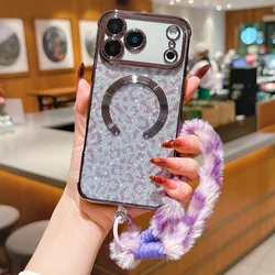 Leopard Print Bling Glitter Clear Lanyard Phone Cover - iPhone 15 Plus (PURPLE)