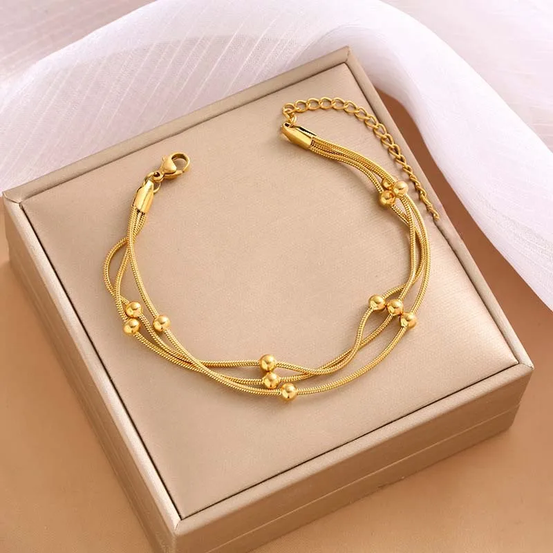 Beaded Round Snake Chain Bracelets For Women Vintage Metal Multi Layer Charm Bracelet Jewelry