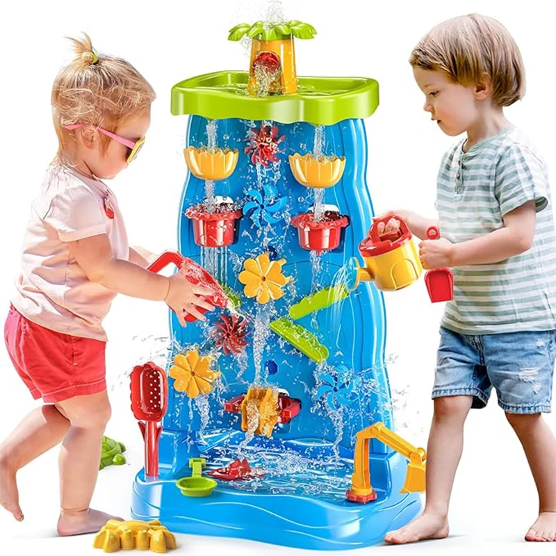 Kids Waterfall Water Table , Double-Sided Water Sand Table for Boys Girls, Outdoor Toys Age 3-8, Activity Table Summer Toys 3