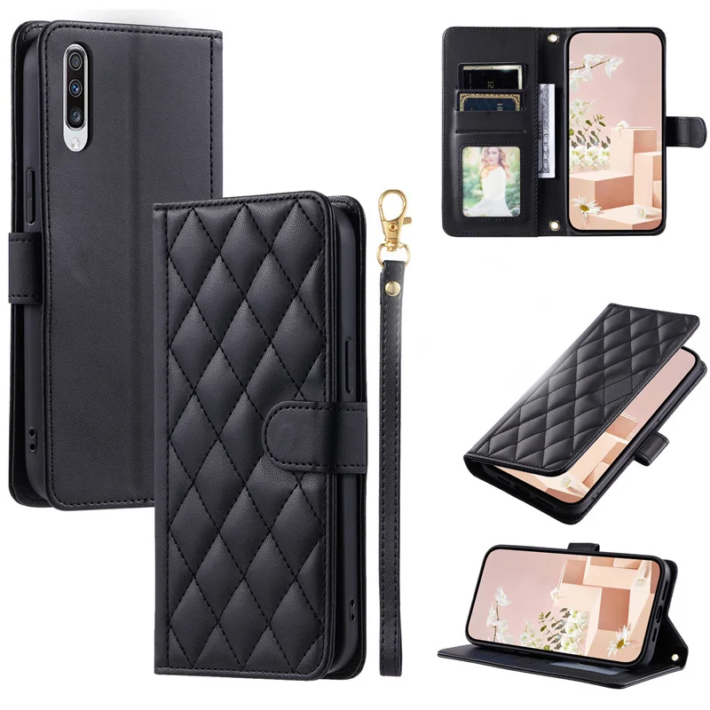 Étui portefeuille en cuir à carreaux pour Samsung Galaxy A10 A20 A30 A30S A40 A50 A50S A70 A70S Housse de téléphone à rabat avec lanière_voghion.com