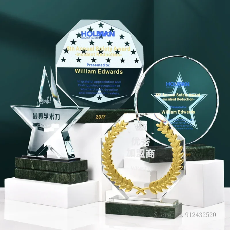CustomizedGlass Trophy, High-End Honor, Excellent Employees Annual Meeting Souvenir Award, Geometric, Marble Crystal Trophy, 1Pc