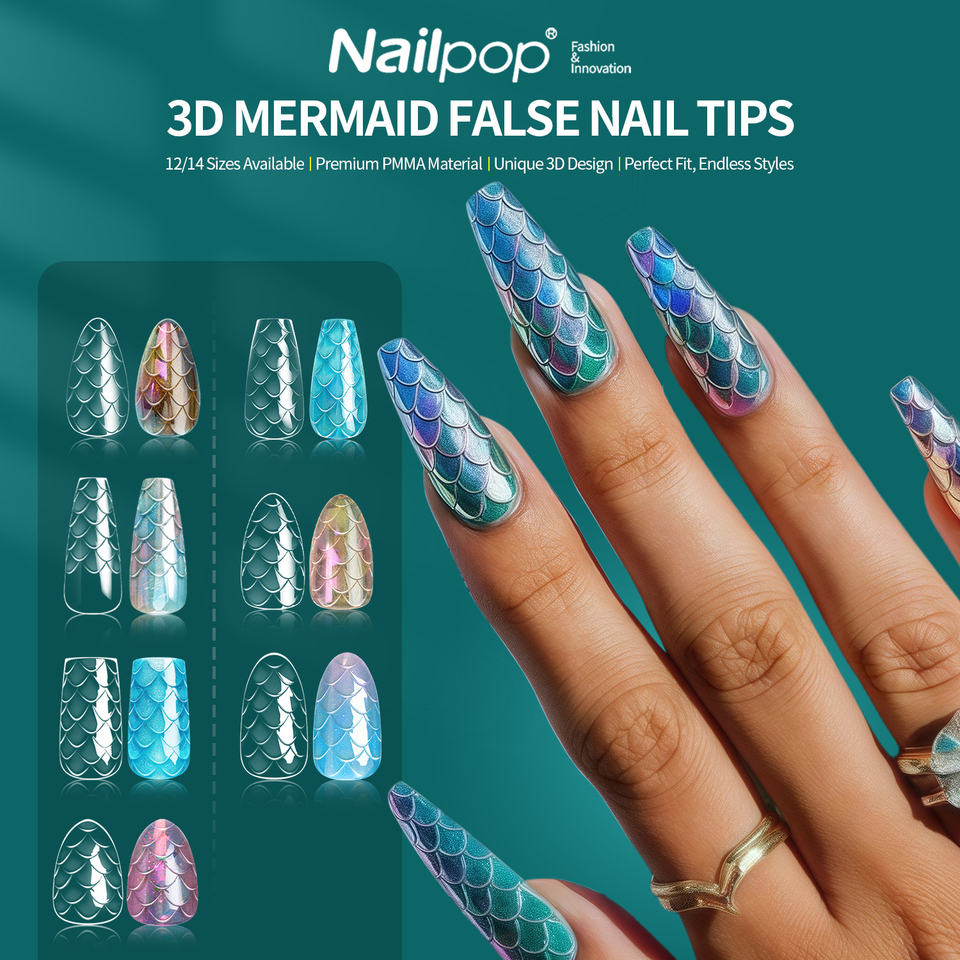 Nailpop 3D Mermaid False Nail Tips 120/140pcs Box Almond Coffin Square Fake Nails Press On Nails DIY Nail Art Salon Supplies
