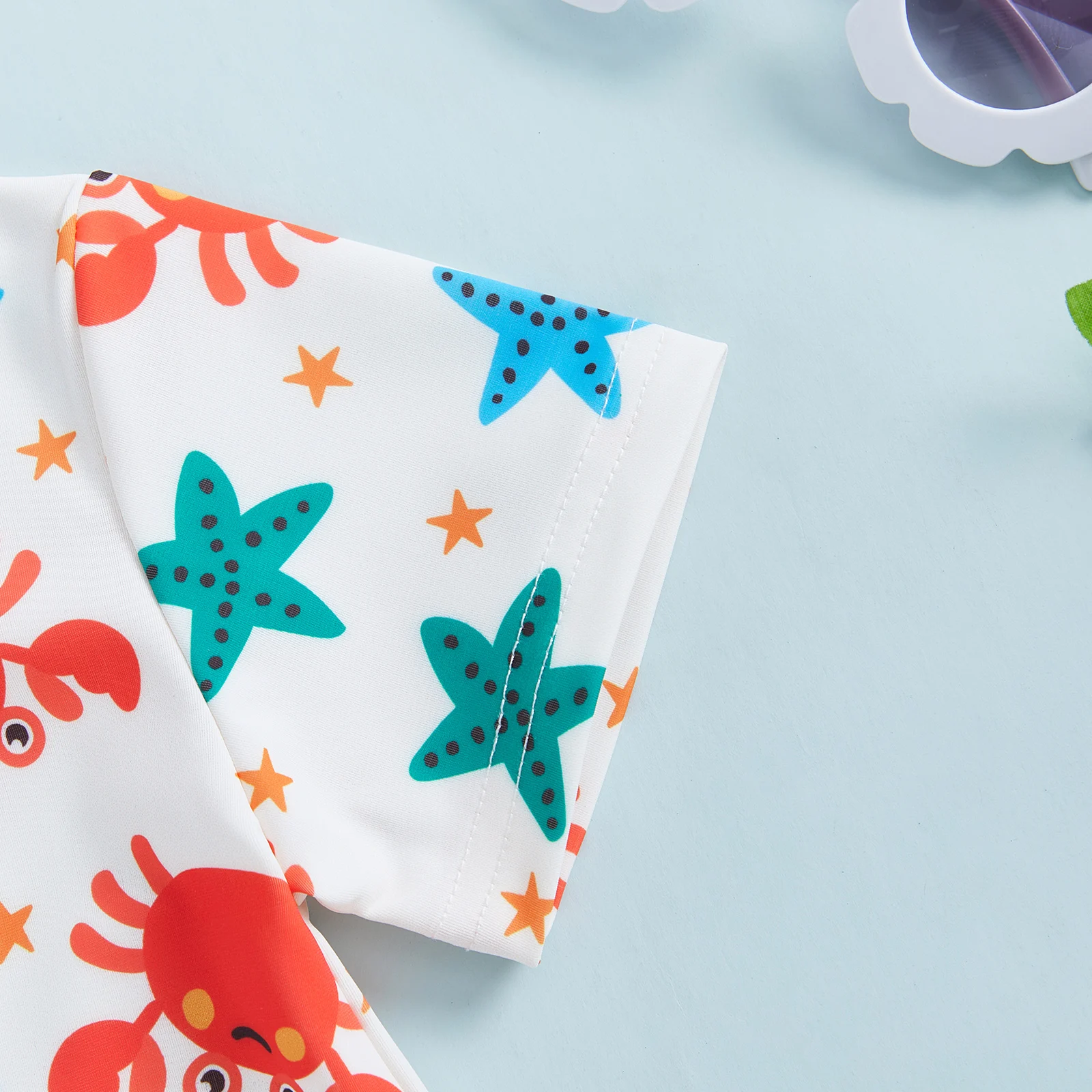 Toddler Summer Swimwear for Baby Boys Rash Guard Swimsuits Crab Starfish Print Zipper Short Sleeve Sun Protection Bathing Suit