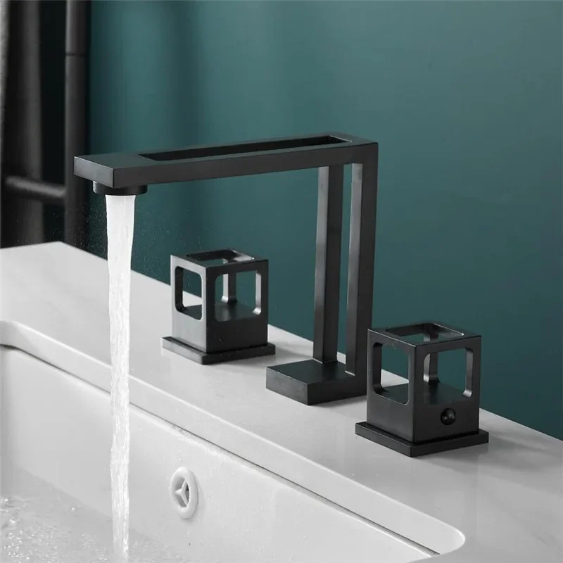 Description Picture 3 of itemBasin Faucet Black Brass Widespread Bathroom Sink 3 Hole Widespread Basin Mixer Double Handle Hot  Cold Water Tap